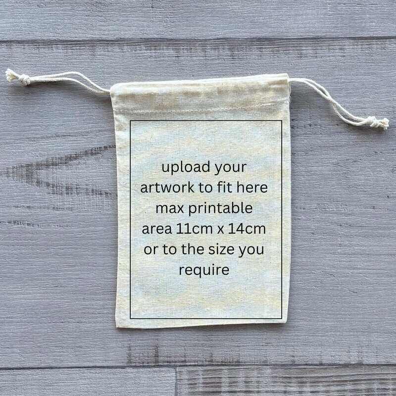 calico drawstring bag with text re printable area