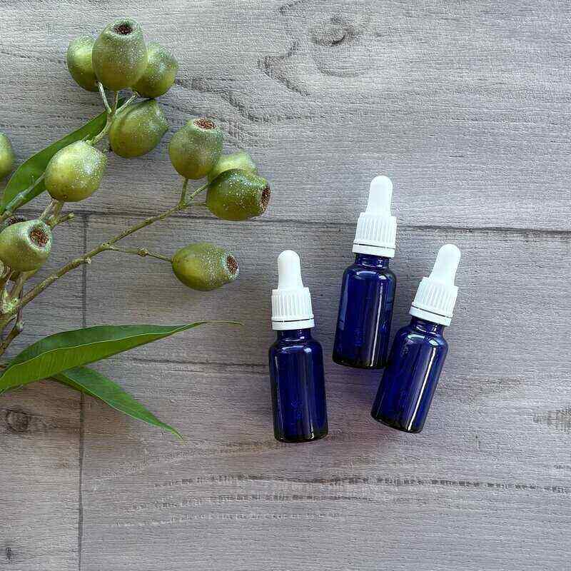 20ml blue glass bottle with white tamper evident dropper x 3