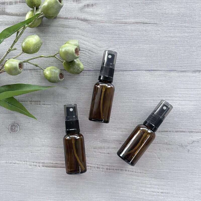 30ml Amber Glass Bottle with Black Mister Spray LID ON