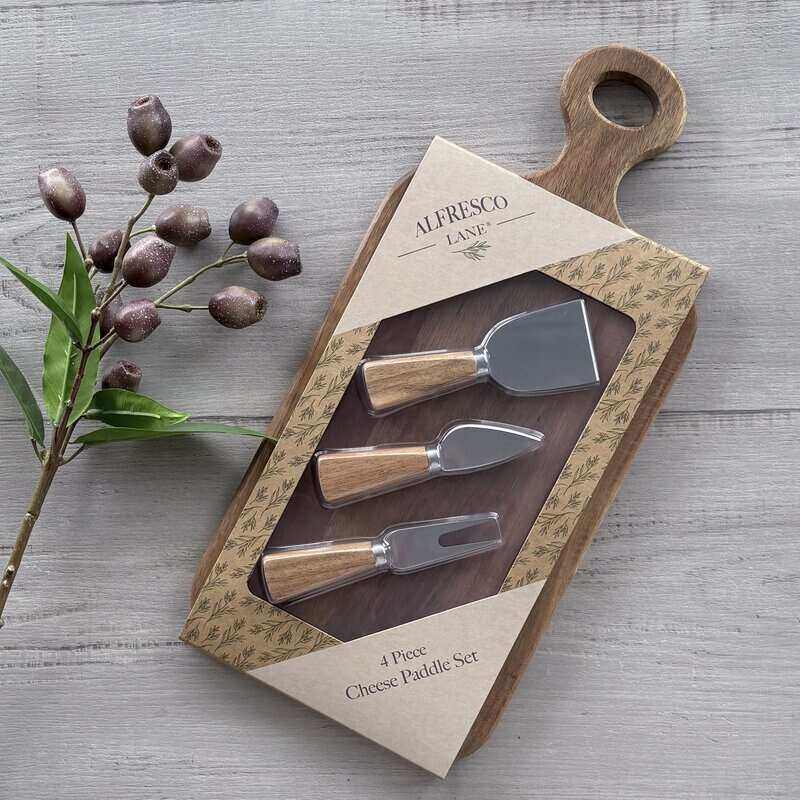 Alfresco Lane 43cm oblong acacia wood cheese paddle with parmesan knife, flat cheese knife and cheese fork.