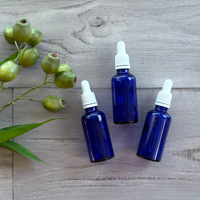 50ml blue bottle with white tamper evident dropper x 3 @ centaur packaging