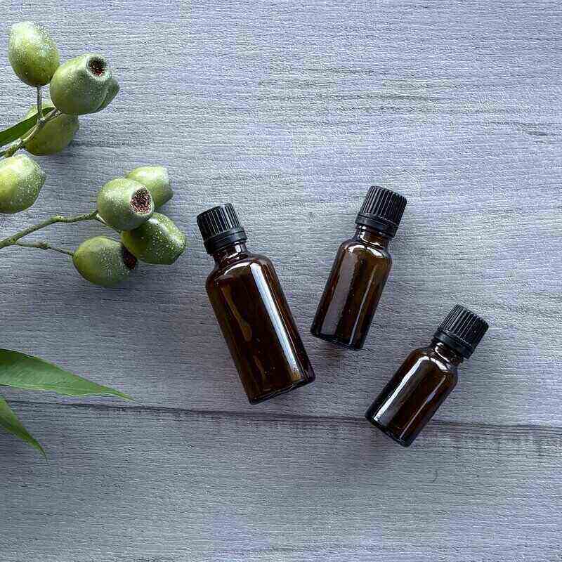 50ml & 20ml amber glass bottle with black tamper evident lid with dripolator