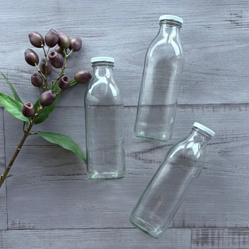 750ml clear glass juice bottle with white metal lid x 3