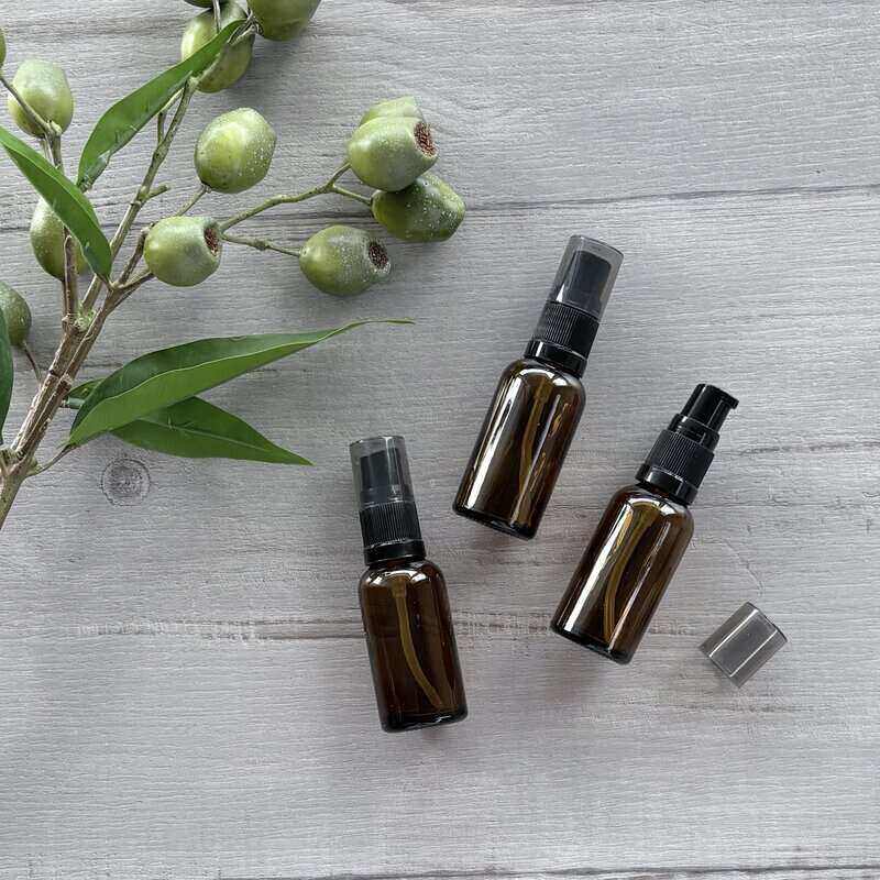 30ml Amber Glass Bottle with White Serum Pump LID OFF