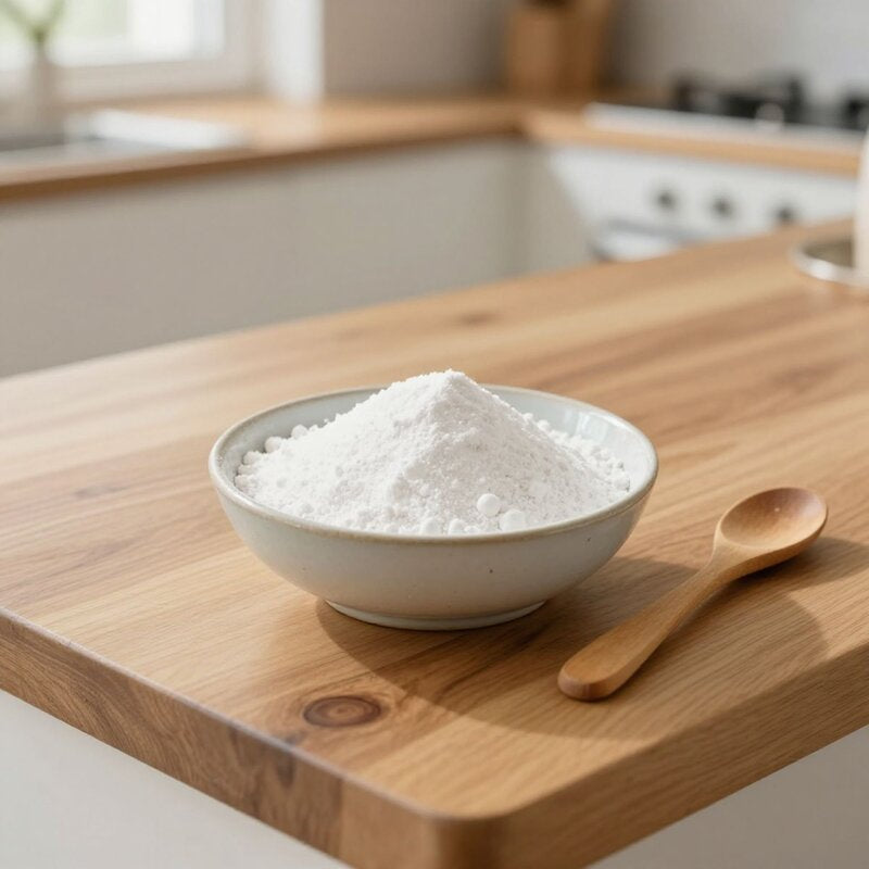 Bowl of white powder on a wooden cutting board with a wooden spoon in a kitchen setting