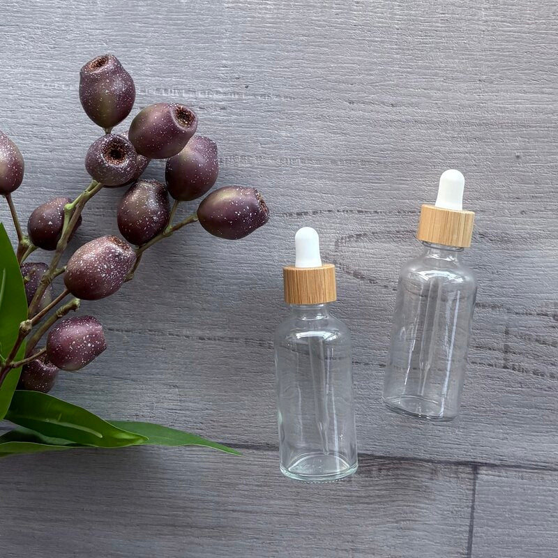 50ml clear glass bottle with white and bamboo dropper x2