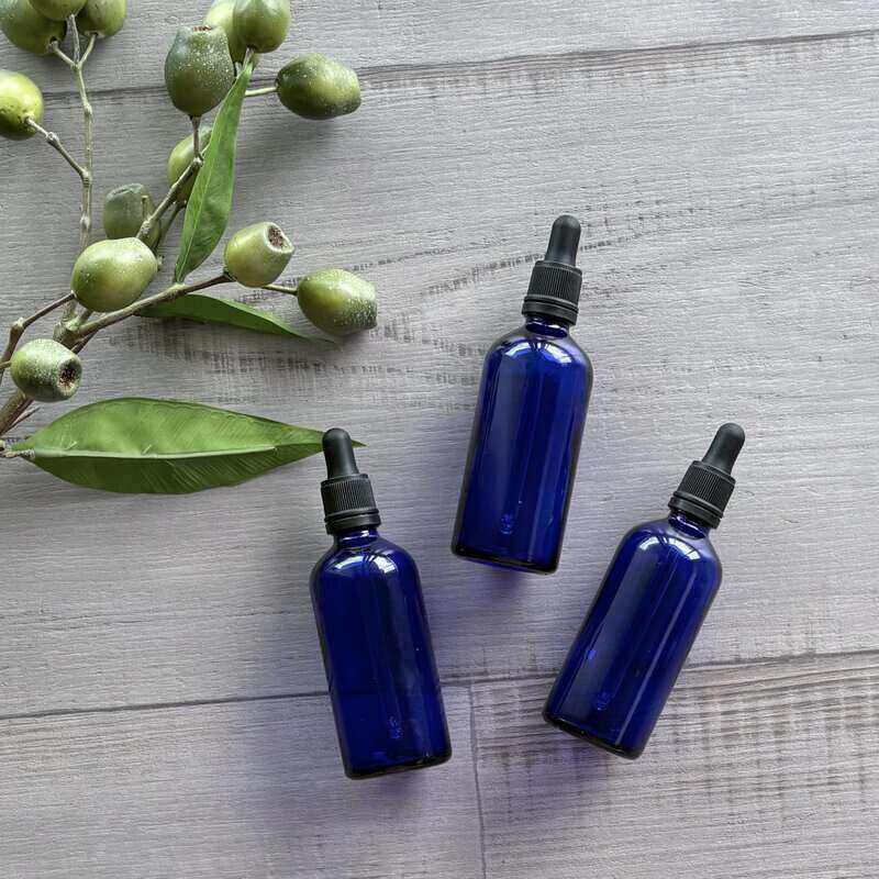 100ml Blue Glass Bottle with Black Dropper x3