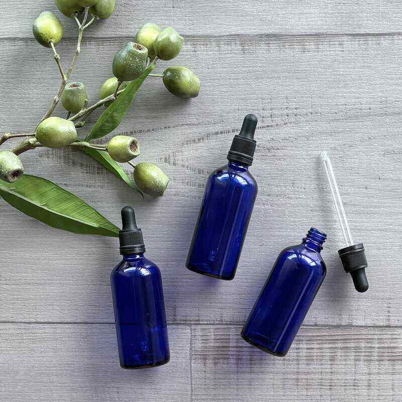 100ml Blue Glass Bottle with Black Dropper 3 dropper on side