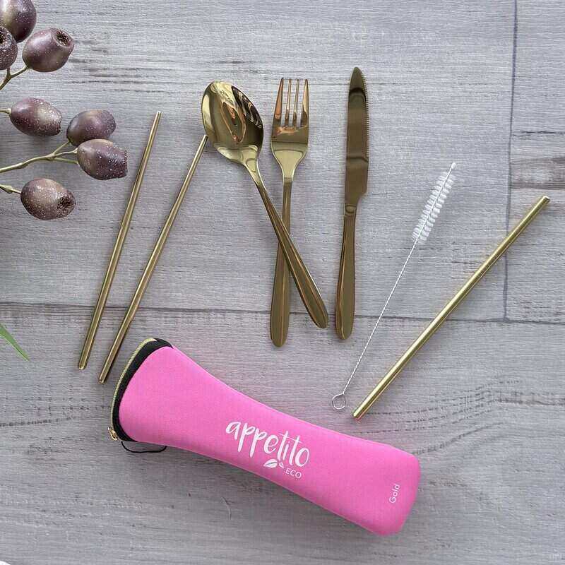 Traveller's Stainless Steel Cutlery Set 6 piece - Bright Pink & Gold