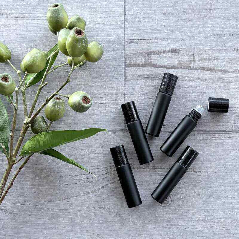 10ml Black Roller Bottle with Brushed Black Lid - 5 Pack lids off