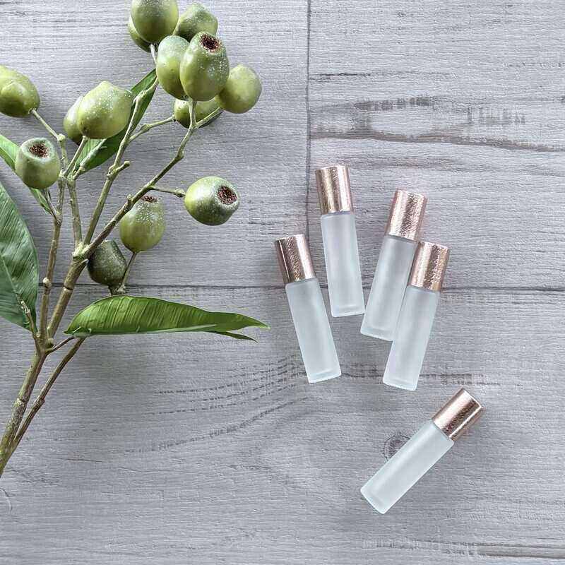 10ml Frosted Roller Bottle with Brushed Rose Gold Lid - 5 Pack LID ON