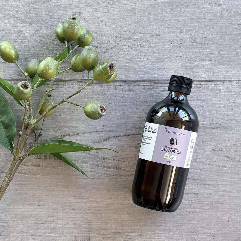 Organic Castor Oil Vrindavan 500ml amber glass bottle