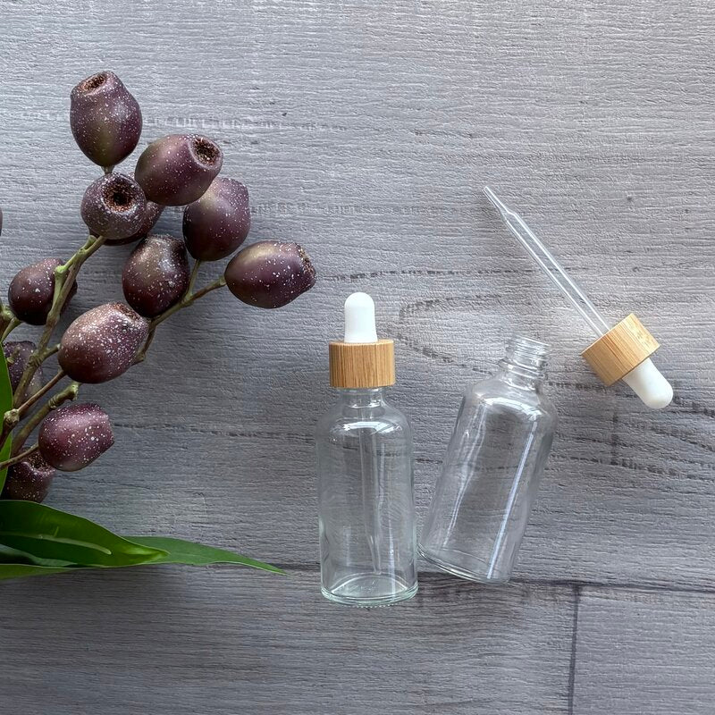 50ml clear glass bottle with white and bamboo dropper