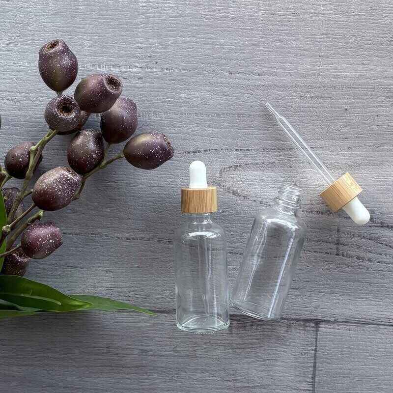 50ml clear glass bottle with white and bamboo dropper