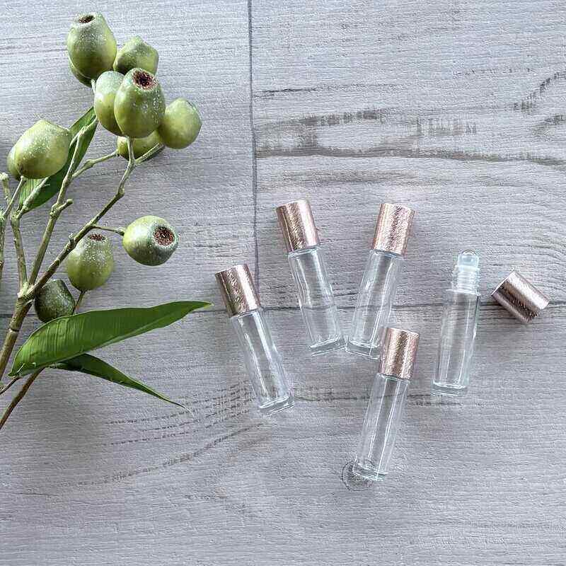 10ml Clear Roller Bottle with Brushed Rose Gold Lid - 5 Pack LID OFF