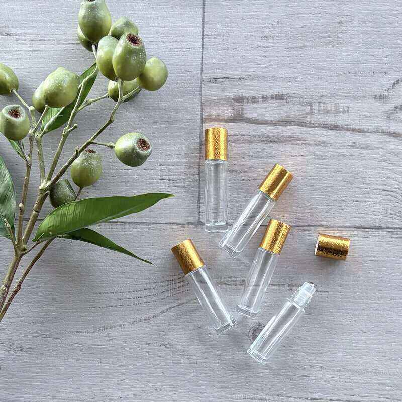10ml Clear Roller Bottle with Brushed Gold Lid - 5 Pack lid off