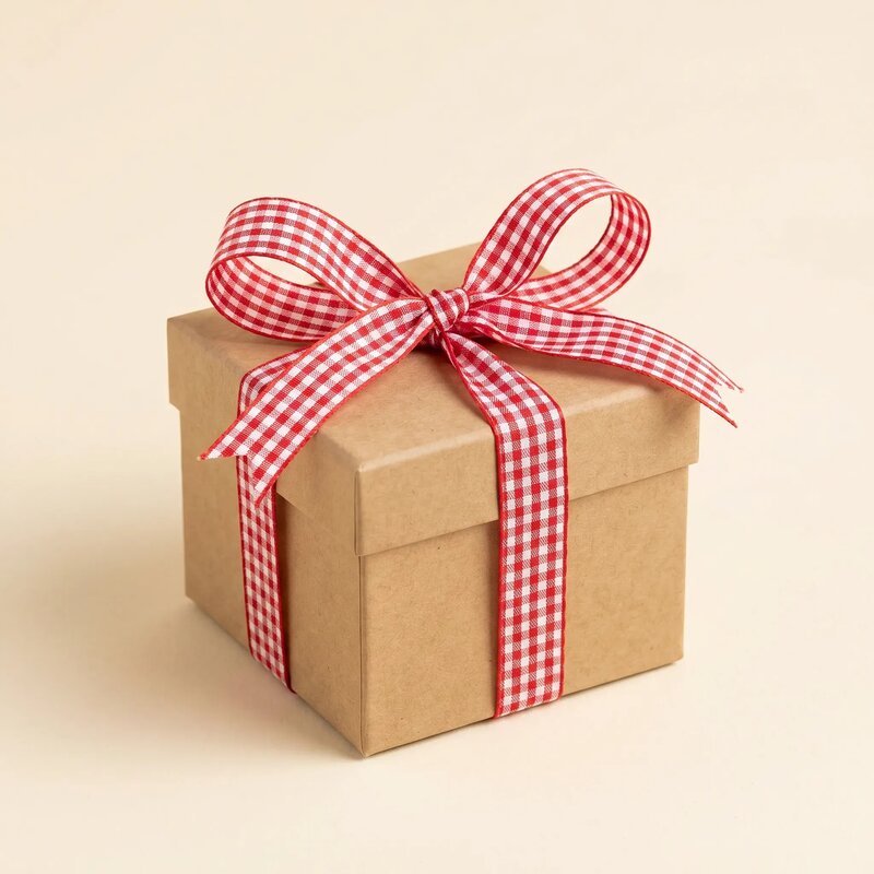kraft box with gingham red ribbon