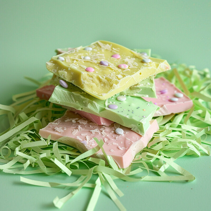 papyrus and co pastel green shed 50g with coloured chocolate squares with sprinkles
