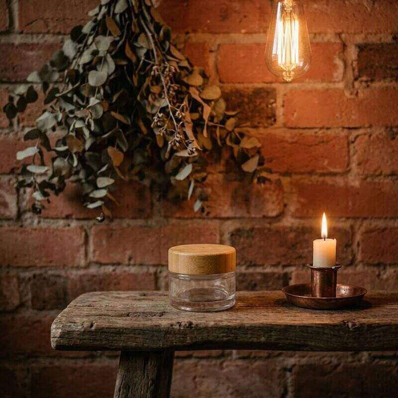 jar on bench with candles and lights