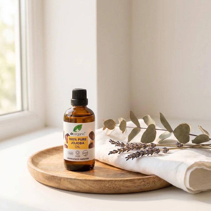 Bottle of Dr. Organic 100% Pure Jojoba Oil on a wooden tray with a white cloth and lavender flowers in the background.