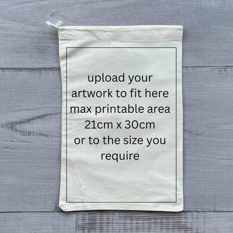 calico drawstring bag with text re print area