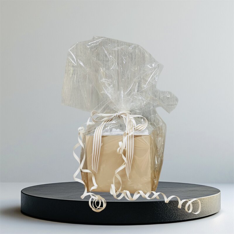 matt nude cardboard posie box 13cm x 13cm x 12m with cello wrap and ribbon