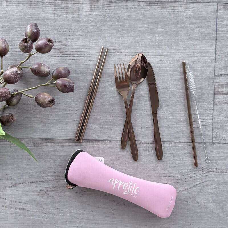 Traveller's Stainless Steel Cutlery Set 6 piece - Light Pink & Rose Gold