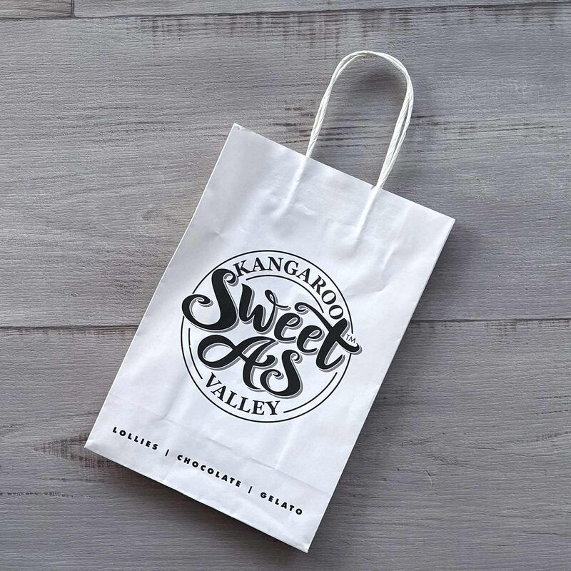 custom printed small white bag with paper handles @ centaur packaging Bomaderry