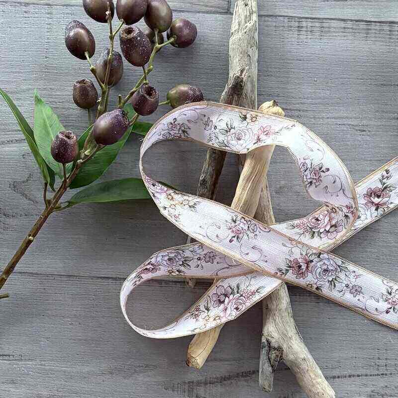 vintage floral roses ribbon with stitched sides 38mm x 10mt