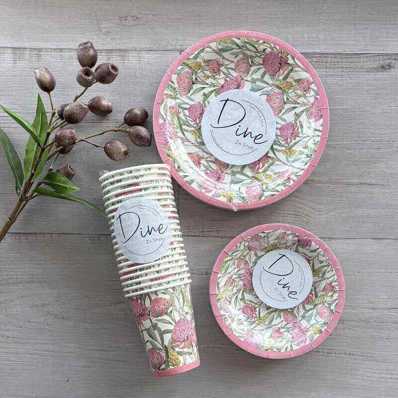 Paper Cup and plates 20pk - Pink Waratah