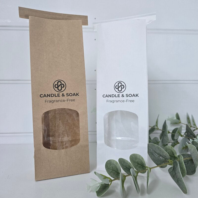 kraft and white tin tie bags custom printed by centaur packaging bomaderry