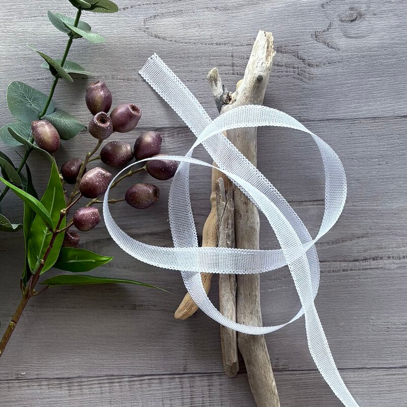 Faux Linen Ribbon with Scalloped Edge White 25mm x 10mt