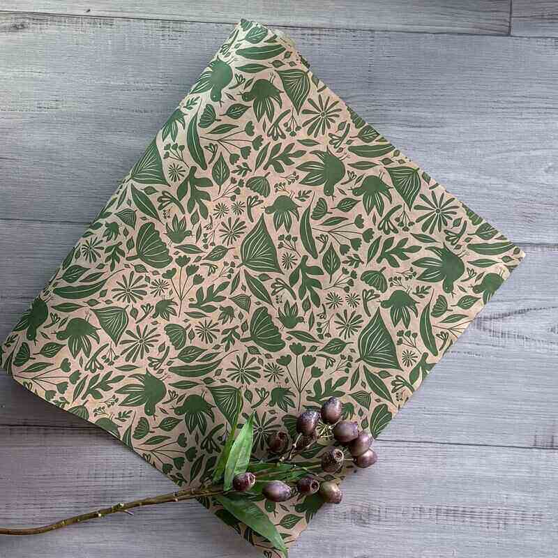 wrapping paper birdsong olive on kraft background 50mm x 50mt