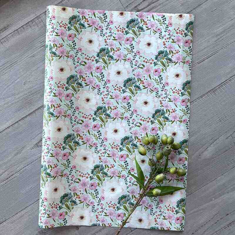 mint green floral wrapping paper 70cm x 10mt with pink flowers