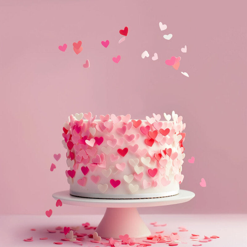 wafer hearts edible sprinkles by sprinks red pink and white on white cake - centaur packaging