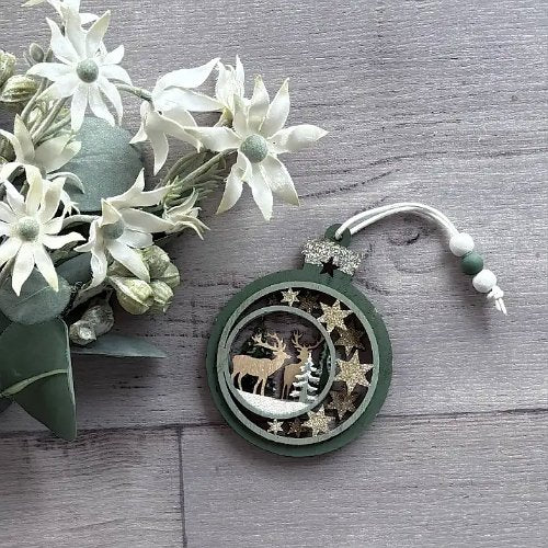Hanging Wooden Bauble with Deer & Moon