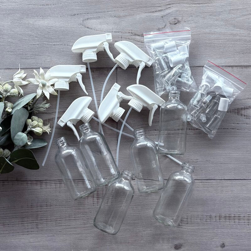 workshop box 1 6 x 240ml clear glass bottle 6x white mister trigger 2 x 5ml clear roller with white lid 5 pack - centaur packaging