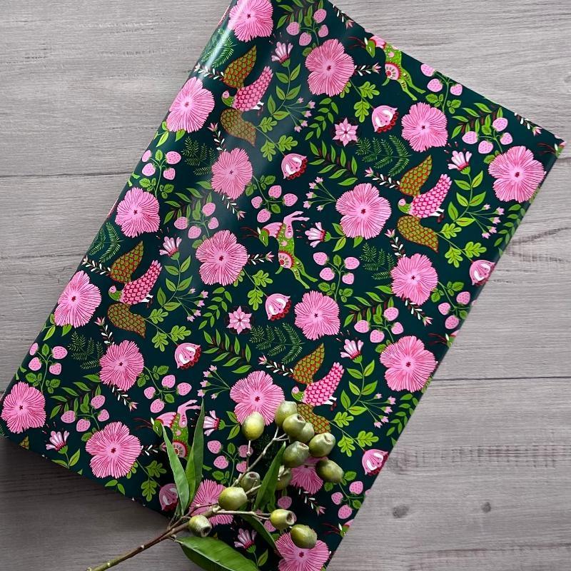Wrapping Paper - Reindeer Garden Hunter Green, Lime & Pink 60cm x 40mt