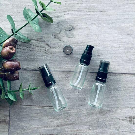 30ml Clear Glass Bottle with Black Serum Pump - centaur packaging