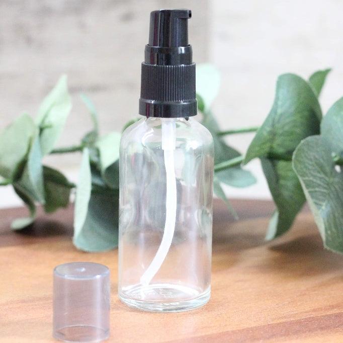50ml Clear Glass Bottle with Black Serum Pump - centaur packaging