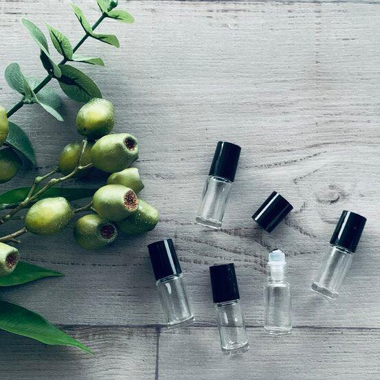 Clear - Thick glass 5ml Roller Bottles with Black Lids - Pack 5 - centaur packaging