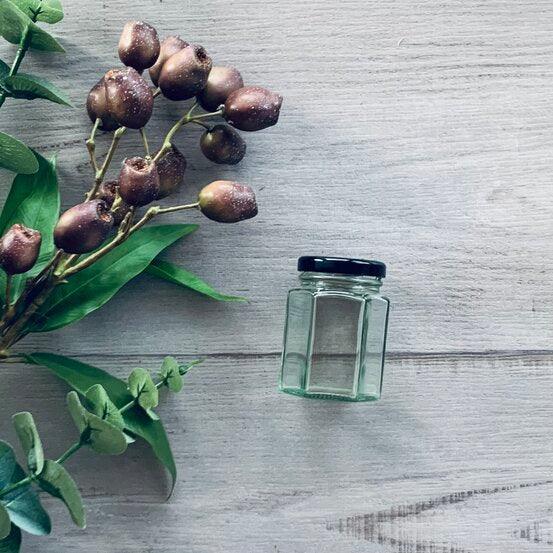 Hexagonal Jam Jar 110ml - Black Lid - centaur packaging