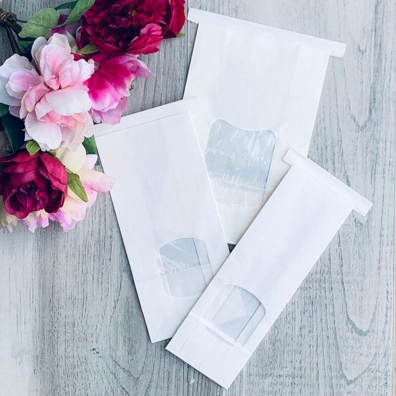 Medium White Tin Tie Bag- Pack of 50 -showing 3 sizes- centaur packaging