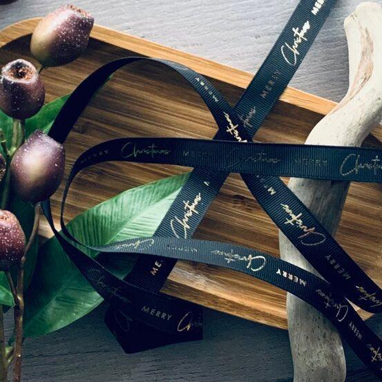 Merry Christmas Grosgrain Ribbon - Gold on Black - centaur packaging