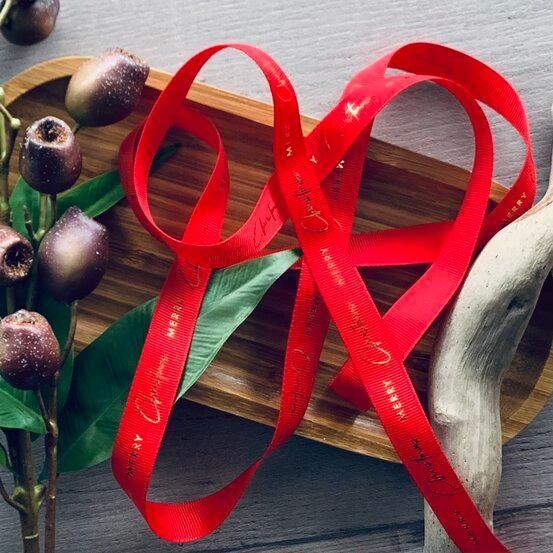 Merry Christmas Grosgrain Ribbon - Gold on Red - centaur packaging