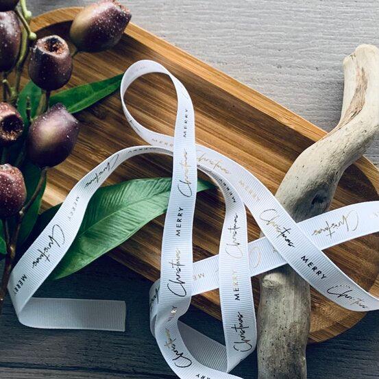 Merry Christmas Grosgrain Ribbon - Gold on White - centaur packaging