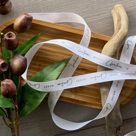 Merry Christmas Grosgrain Ribbon - Silver on White - centaur packaging