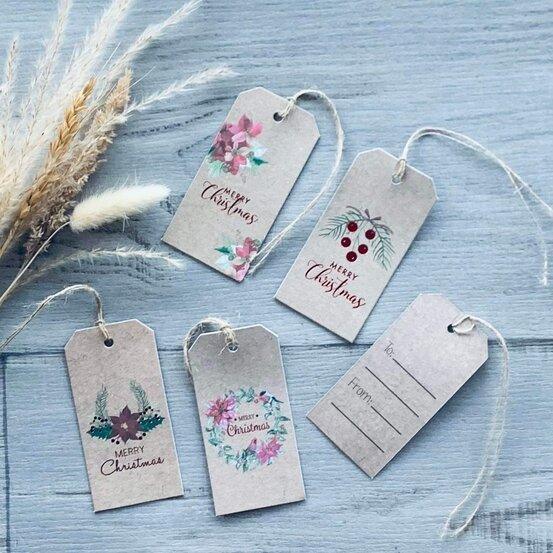 Merry Christmas Poinsettia Kraft Gift Tags - Pack 24 - centaur packaging