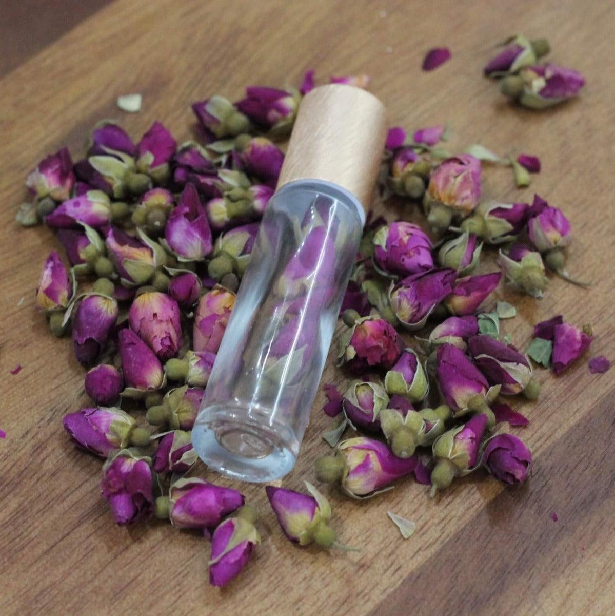 Miniature Rose Buds-50gms - 10ml roller bottle clear with bamboo lid centaur packaging