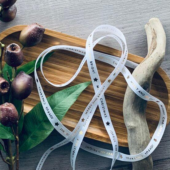 Xmas Cheer Grosgrain Ribbon - Gold on White - centaur packaging